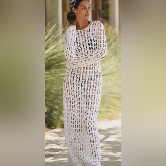 Beach Riot Dresses & Skirts - Beach Riot White Crochet Long-Sleeve Maxi Swim Cover-Up